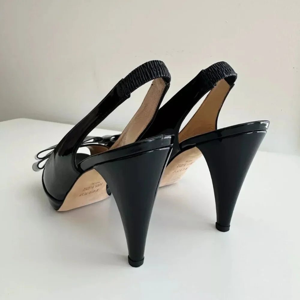 FENDI Women's Black Patent Leather Bow Platform Slingback Pumps Size 36.5 US 6.5